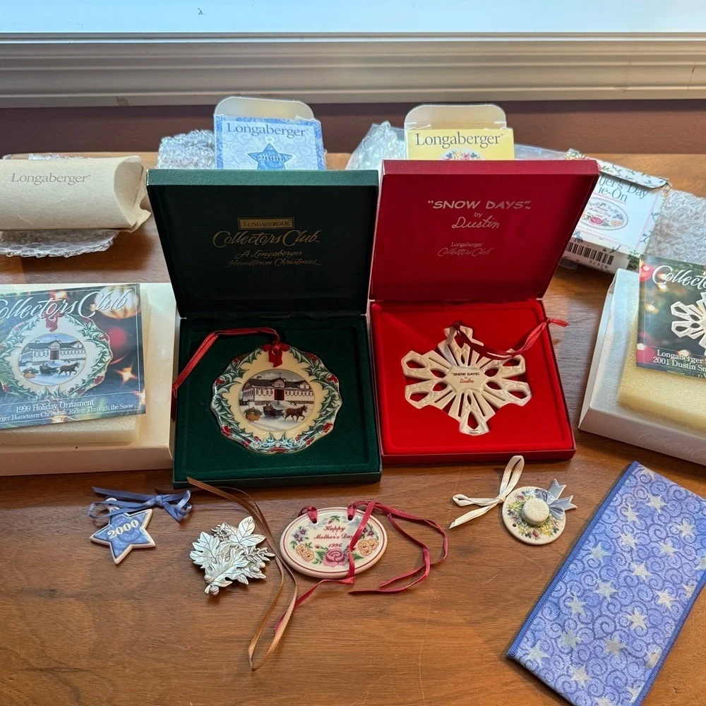 2 VTG Longaberger Ornaments Lot 6 Tie Ons Handle Snow Days Hometown Mother Leaf